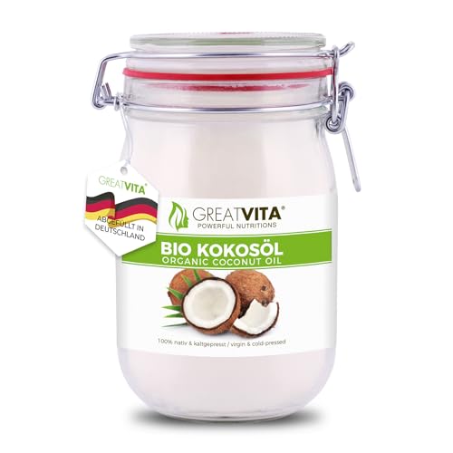 GreatVita Bio Kokosöl, nativ & kaltgepresst, 1000 ml im Bügelglas zum Kochen & Backen