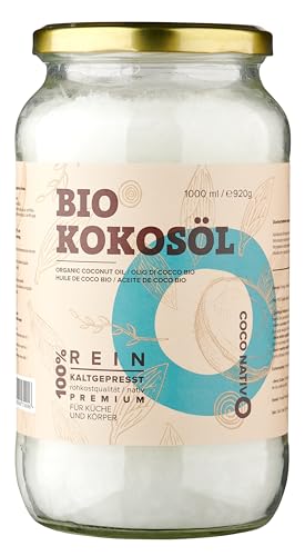 Bio Kokosöl CocoNativo - 1000mL (1L) - Bio Kokosfett, Kokosnussöl, Premium, Nativ, Kaltgepresst, Rohkostqualität, Rein (1000ml) - zum Kochen, Braten und Backen, für Haare und Haut