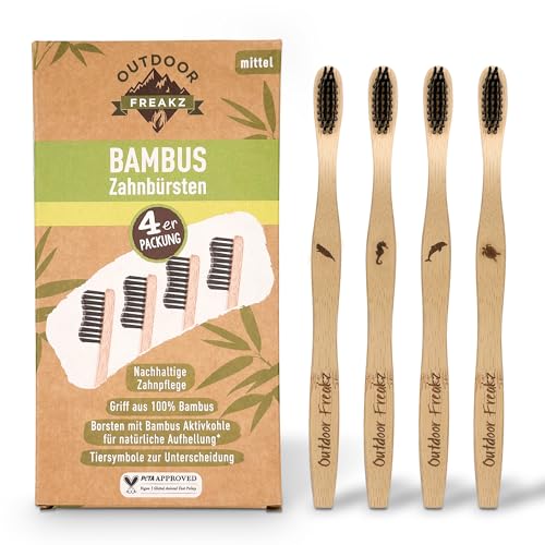 4er Pack Bambus Zahnbürste mit reinem Bambus-Holz ✮ vegan ✮ biologisch abbaubar ✮ 100% frei von BPA ✮ Borsten mit Bambus-Holzkohle für beste Sauberkeit